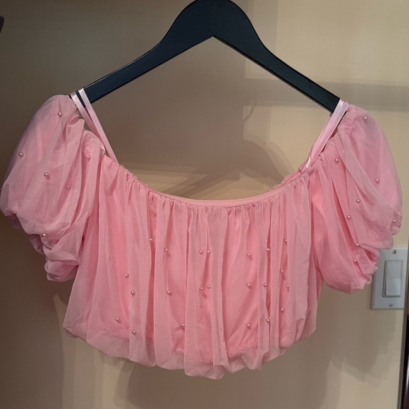 Pink Off-Shoulder Pearl Crop Top –Romantic Blouse (XS/S) - Picture 2 of 3